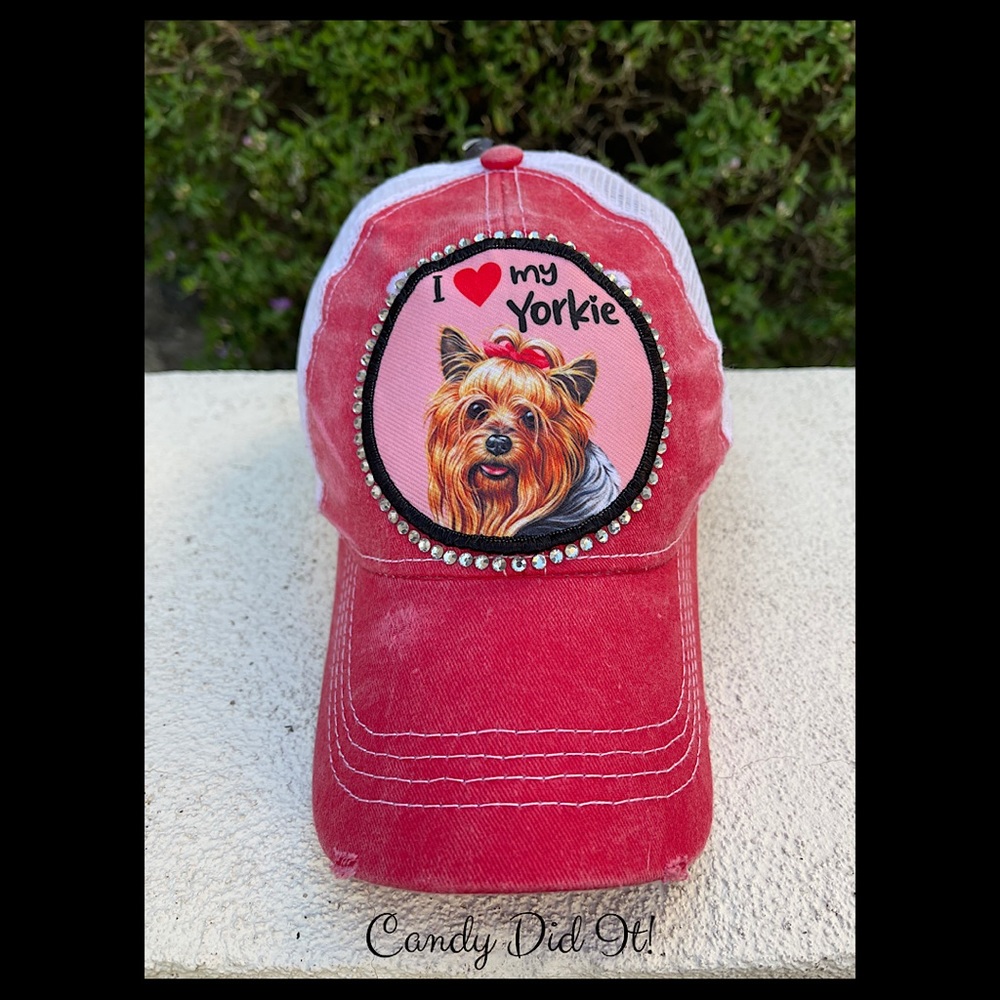 I Love My Yorkie Distressed Bling Bling Ball Cap